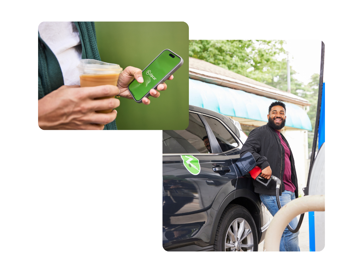 Stacked images of a man pumping gas leaning on his car and a person holding a coffee and looking at the Zipcar app on their phone.