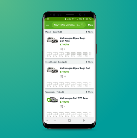 android phone with zipcar app listings on the screen 