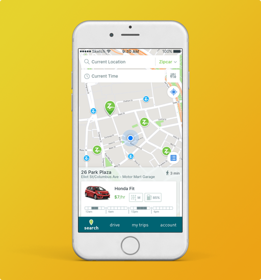 ios phone with zipcar app showing a map