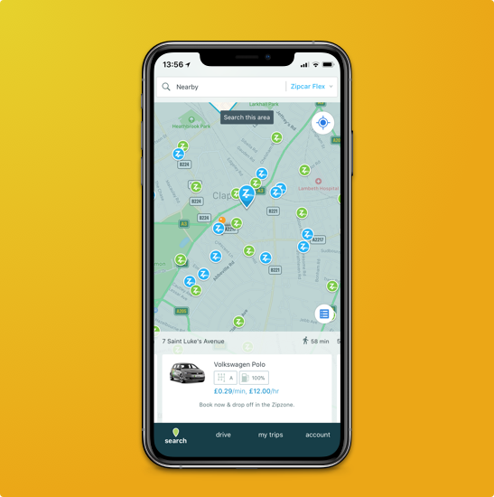 ios phone with zipcar app showing a map