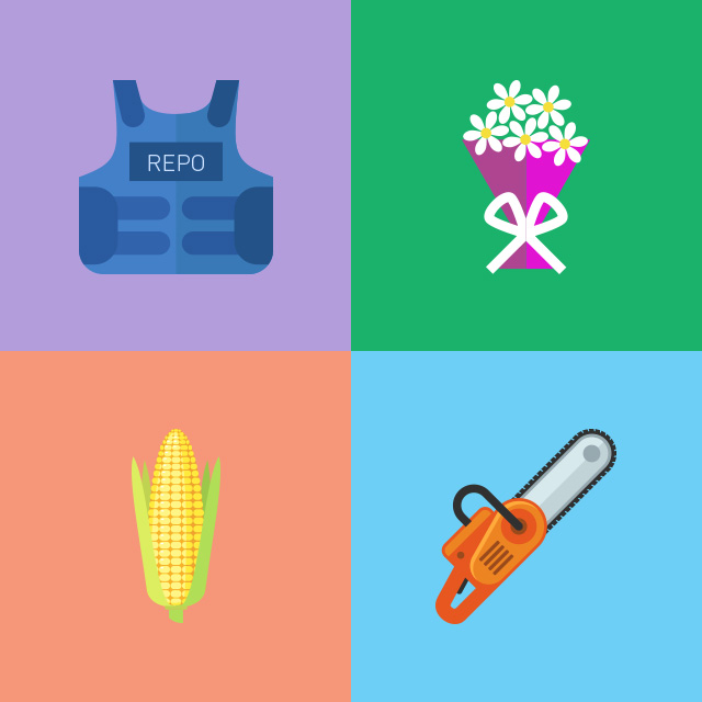 four icons: repo vest, flower bouquet, ear of corn, chainsaw