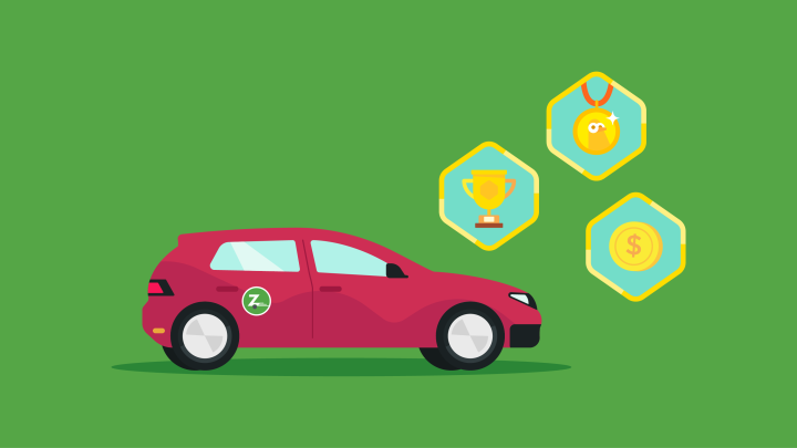 Illustration of a red car with three icons indicating rewards