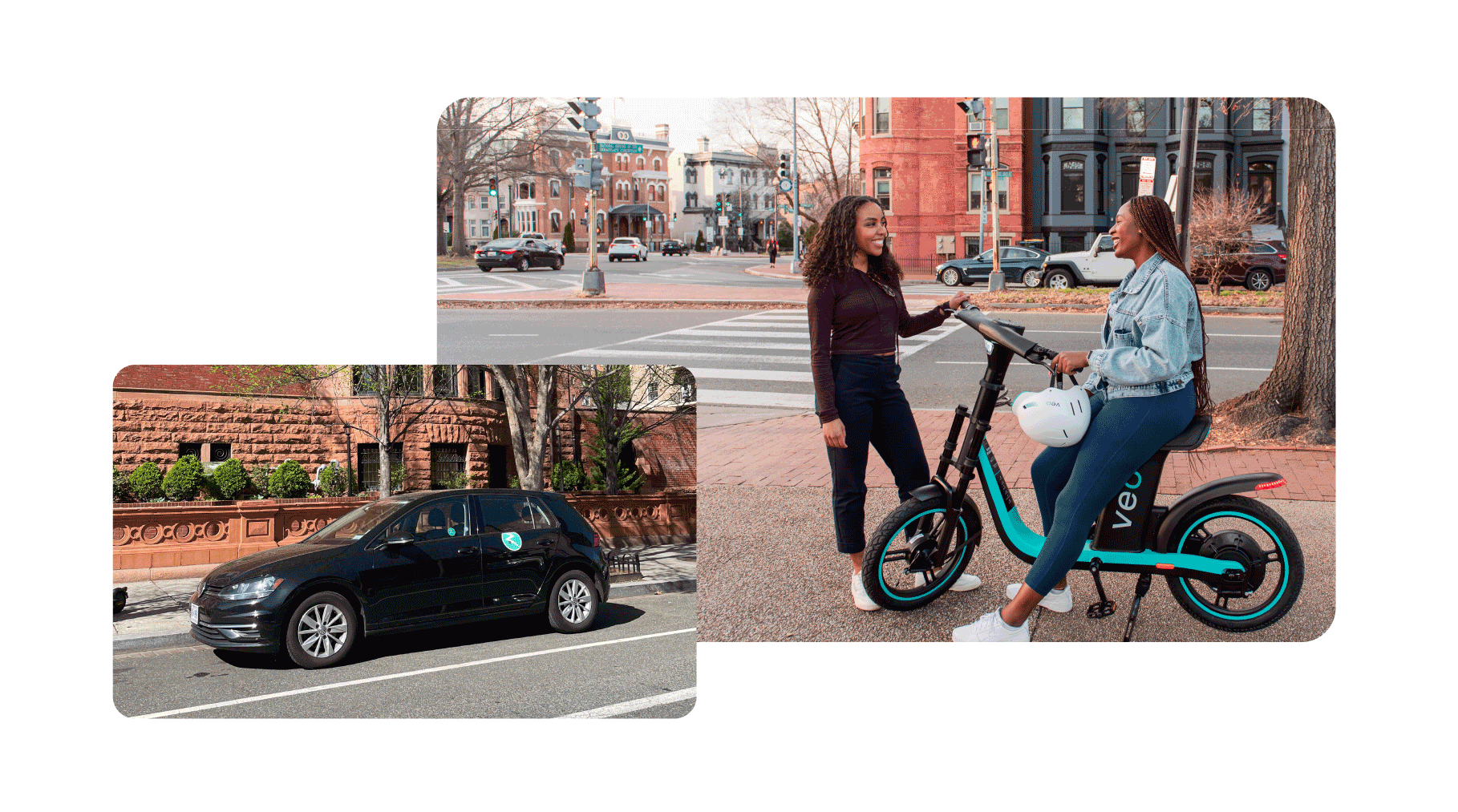 stacked image of a black zipcar suv and two people sitting on veo bikes