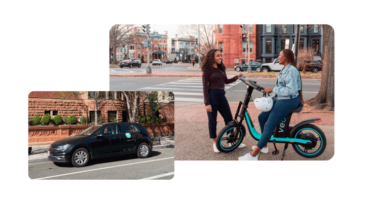 stacked image of a black zipcar suv and two people sitting on veo bikes
