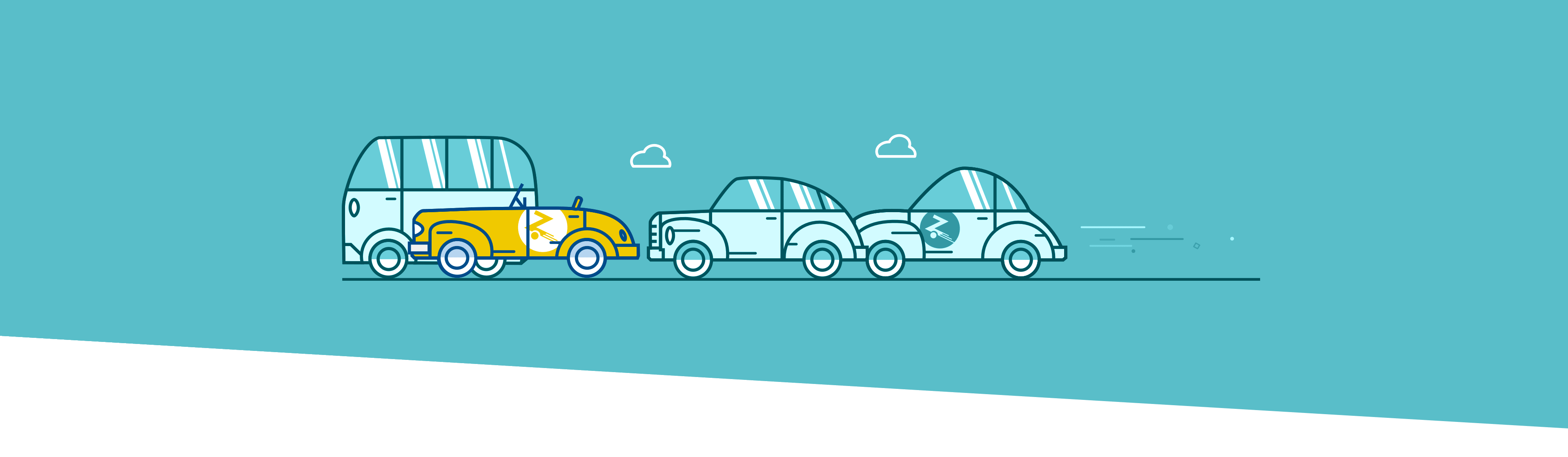 Teal background with cartoon cars driving across