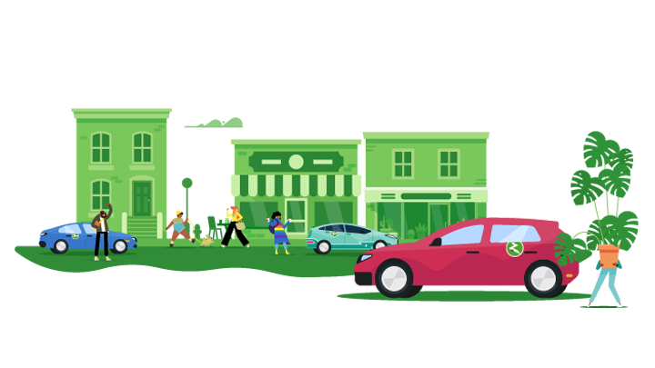 animation of city landscape with people and cars