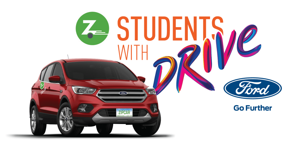 Students with Drive logo with red car