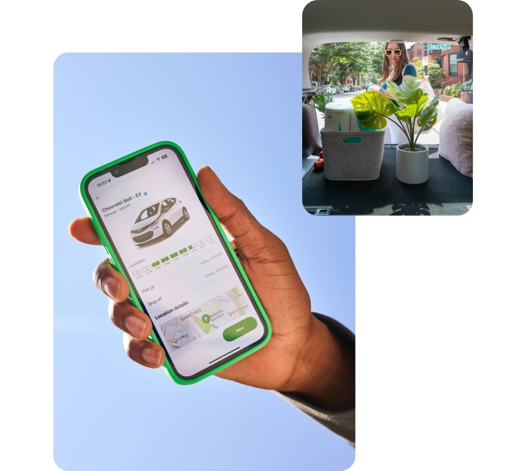 person holding a phone and woman putting items into trunk of a car