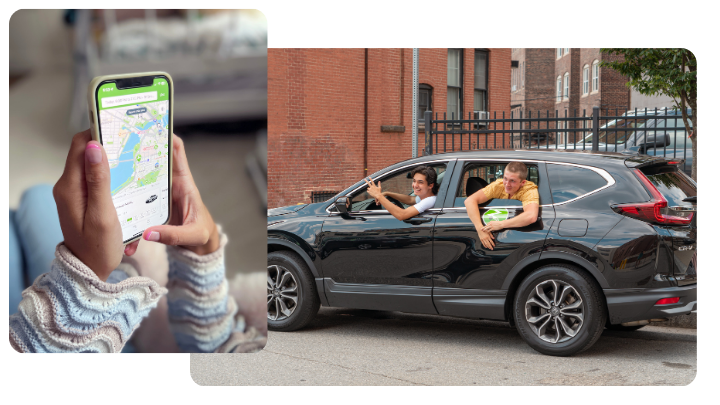 stacked images of someone on a phone using a zipcar app and two men leaning out of a black car 